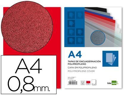 [TE13] TAPA ENCUADERNACION LIDERPAPEL POLIPROPILENO A4 0.8MM ROJO OPACO PAQUETE DE 50 UNIDADES