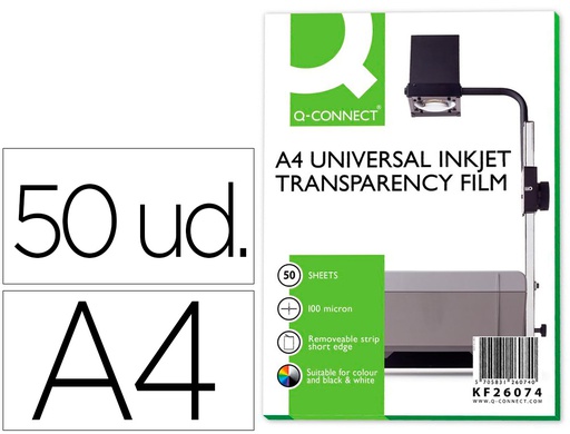 [KF26074] TRANSPARENCIA Q-CONNECT DIN A4 DE ALTA CALIDAD KF26074 PARA INK-KET CAJA DE 50 HOJAS