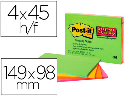 [70005253342] BLOC DE NOTAS ADHESIVAS QUITA Y PON POST-IT SUPER STICKY 152X101 MM CON 45 HOJAS PACK DE 4 UNIDADES COLORES NEON