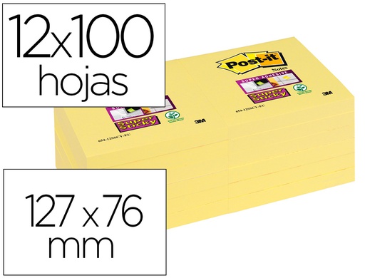 [70005197903] BLOC DE NOTAS ADHESIVAS QUITA Y PON POST-IT SUPER STICKY 76X127 MM CON 12 BLOC AMARILLO CANARIO