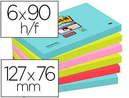 [70005291631] BLOC DE NOTAS ADHESIVAS QUITA Y PON POST-IT SUPER STICKY 76X127 MM CON 90 HOJAS PACK DE 6 UNIDADES COLORES MIAMI