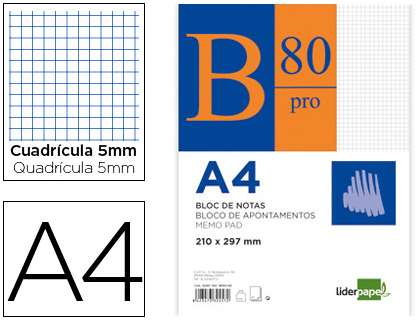 [PR01] BLOC NOTAS LIDERPAPEL CUADRO 5MM A4 80 HOJAS 60G/M2 ENCOLADO 4 TALADROS DOBLE MARGEN