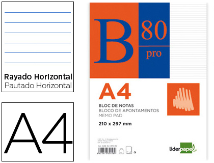 [PR02] BLOC NOTAS LIDERPAPEL HORIZONTAL A4 80 HOJAS 60G/M2 ENCOLADO 4 TALADROS DOBLE MARGEN AZUL