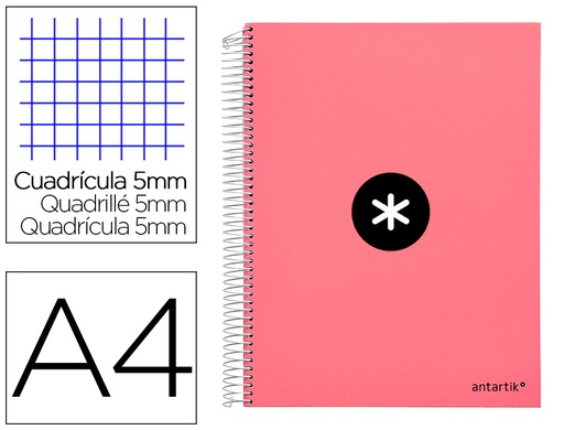 [KD85] CUADERNO ESPIRAL A4 MICRO ANTARTIK TAPA FORRADA 120H 90 GR CUADRO 5MM 5 BANDAS 4 TALADROS COLOR CORAL