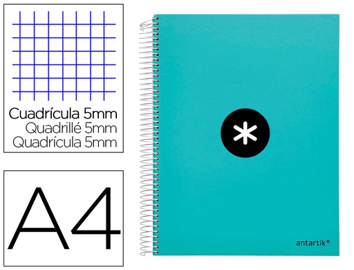 [KD86] CUADERNO ESPIRAL A4 MICRO ANTARTIK TAPA FORRADA 120H 90 GR CUADRO 5MM 5 BANDAS 4 TALADROS COLOR MENTA
