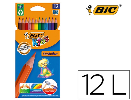 [82902914] LAPICES DE COLORES BIC KID EVOLUTION ESTUCHE DE 12 COLORES SURTIDOS MINA ULTRA RESISTENTE