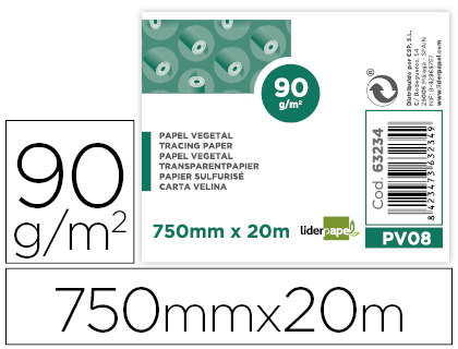 [PV08] PAPEL DIBUJO LIDERPAPEL 750MMX20M 90G/M2 VEGETAL ROLLO