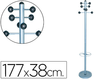 [626] PERCHERO METALICO PIE CON PARAGUERO 8 COLGADORES COLOR PLATA 177X38 CM