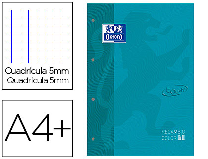 [400077699] RECAMBIO COLOR 1 OXFORD DIN A4+ 80 HOJAS 90 GR CUADRICULA 5 MM TAPA BLANDA 4 TALADROS AQUA TOUCH