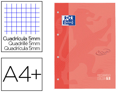 [400077698] RECAMBIO COLOR 1 OXFORD DIN A4+ 80 HOJAS 90 GR CUADRICULA 5 MM TAPA BLANDA 4 TALADROS CORAL TOUCH