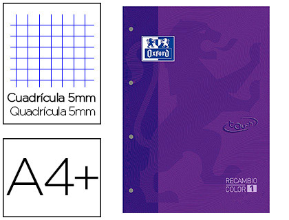 [400077696] RECAMBIO COLOR 1 OXFORD DIN A4+ 80 HOJAS 90 GR CUADRICULA 5 MM TAPA BLANDA 4 TALADROS LILA TOUCH