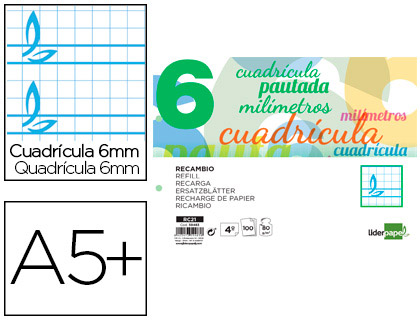[RC21] RECAMBIO LIDERPAPEL CUARTO APAISADO PAUTAGUIA 100 HOJAS 75 G CUADRICULADO PAUTADO 6 MM CON MARGEN 2 TALADROS
