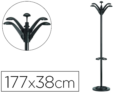 [100340711] PERCHERO METALICO UNILUX FLORA PIE 6 COLGADORES CON PARAGUERO Y BANDEJA GOTEO NEGRO 177X38 CM