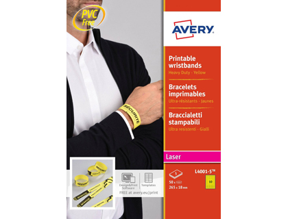 [L4001-5] PULSERA IDENTIFICATIVA AVERY POLIETILENO AMARILLO FLUORESCENTE IMPRIMIBLE LASER 265X18 MM PACK DE 50 UNIDADES