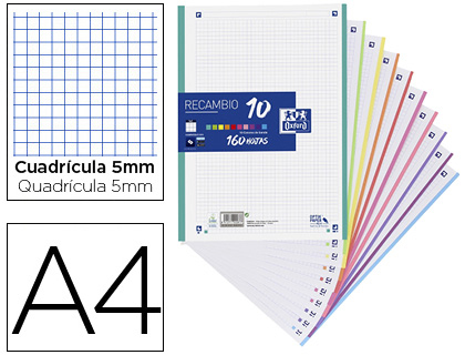 [400106627] RECAMBIO COLOR OXFORD A4 160 HOJAS 90 GR OPTIK PAPER CUADRO 5 MM 4 TALADROS BANDA 10 COLORES