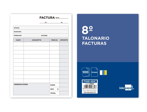 [T100 IGIC] TALONARIO LIDERPAPEL FACTURAS 8º ORIGINAL T100 CON I.G.I.C.