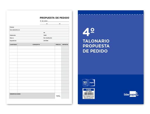 [T222] TALONARIO LIDERPAPEL PEDIDOS CUARTO ORIGINAL Y COPIA T222