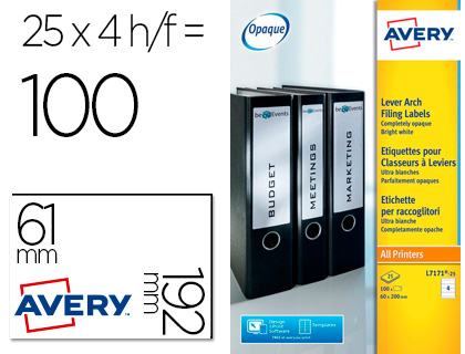 [L4761-25] ETIQUETA ADHESIVA AVERY PERMANENTE BLANCA 61X192 MM PARA LOMO ARCHIVADOR LASER CAJA DE 100 UNIDADES