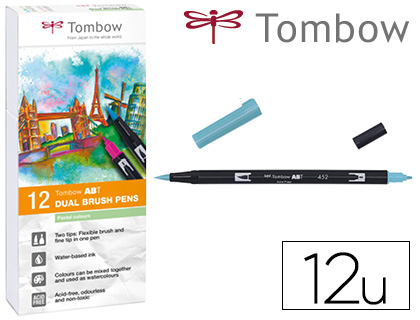 [ABT-12P-2] ROTULADOR TOMBOW ABT DUAL BRUSH ACUARELABLE DOBLE PUNTA FINA/PINCEL ESTUCHE DE 12 UNIDADES COLORES PASTEL