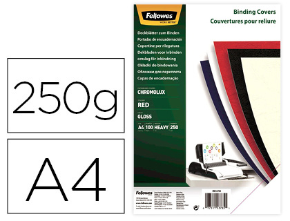 [5378303] TAPA DE ENCUADERNACION FELLOWES DIN A4 CARTON BRILLO ROJO CHROMOLUX 250 GR PACK DE 100 UNIDADES