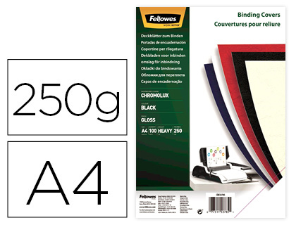 [5378504] TAPA DE ENCUADERNACION FELLOWES DIN A4 CARTON BRILLO NEGRO CHROMOLUX 250 GR PACK DE 100 UNIDADES