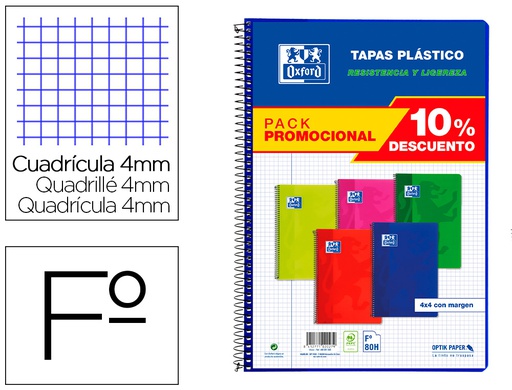 [400091365] CUADERNO ESPIRAL OXFORD TAPA PLASTICO FOLIO 80 HOJAS CUADRO 4 MM PACK 5 UNIDADES COLORES VIVOS