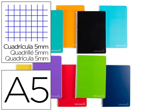 [BJ06] CUADERNO ESPIRAL LIDERPAPEL A5 MICRO WITTY TAPA DURA 140H 75GR CUADRO 5MM 5 BANDAS 6 TALADROS COLORES SURTIDOS