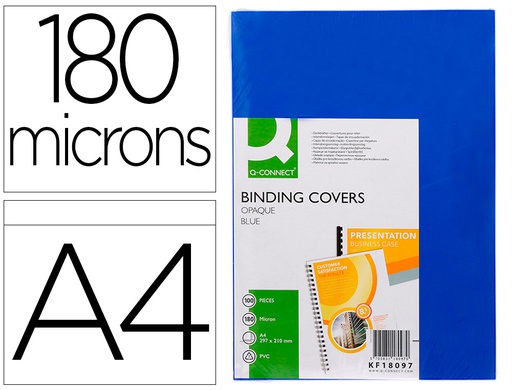 [KF18097] TAPA DE ENCUADERNACION Q-CONNECT PVC DIN A4 OPACA AZUL 180 MICRAS CAJA DE 100 UNIDADES