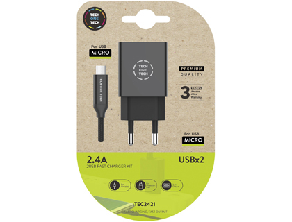 [TEC2421] CARGADOR TECH ONE TECH 2.4 DOBLE USB + CABLE BRAIDED NYLON MICRO USB ANDROID LONGITUD 1 MT COLOR NEGRO