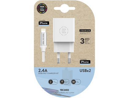 [TEC2402] CARGADOR DOBLE BLANCO+CABLE BRAIDED NYLON LIGHTNING (PARA APPLE), ALTO RENDIMIENTO2,4ª