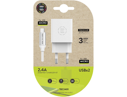 [TEC2401] CARGADOR TECH ONE TECH 2.4 DOBLE USB + CABLE BRAIDED NYLON MICRO USB ANDROID LONGITUD 1 MT COLOR BLANCO