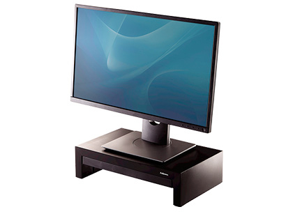 [8038101] SOPORTE FELLOWES PARA MONITOR DESIGNER SUITES AJUSTABLE 3 ALTURAS CON BANDEJA NEGRO 406X111X244 MM HASTA 18 KG