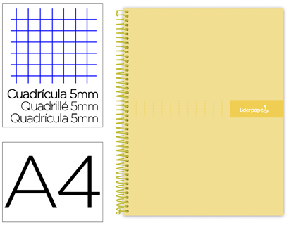 [BA89] CUADERNO ESPIRAL LIDERPAPEL A4 MICRO CRAFTY TAPA FORRADA 120H 90GR CUADRO 5MM 5 BANDAS 4 TALADROS COLOR AMARILLO
