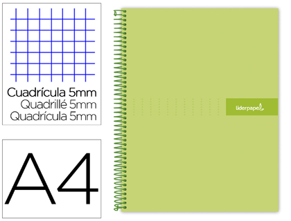 [BA07] CUADERNO ESPIRAL LIDERPAPEL A4 MICRO CRAFTY TAPA FORRADA 120H 90 GR CUADRO 5 MM 5 BANDAS 4 COLORES COLOR VERDE