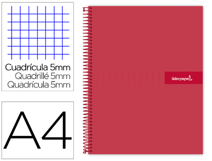 [BA06] CUADERNO ESPIRAL LIDERPAPEL A4 MICRO CRAFTY TAPA FORRADA 120H 90 GR CUADRO 5 MM 5 BANDAS 4 COLORES COLOR ROJO