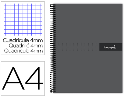 [BJ77] CUADERNO ESPIRAL LIDERPAPEL A4 CRAFTY TAPA FORRADA 80H 90 GR CUADRO 4MM CON MARGEN COLOR NEGRO