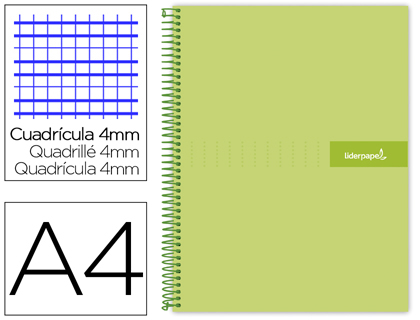 [BF48] CUADERNO ESPIRAL LIDERPAPEL A4 CRAFTY TAPA FORRADA 80H 90 GR CUADRO 4MM CON MARGEN COLOR VERDE