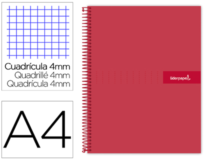 [BF47] CUADERNO ESPIRAL LIDERPAPEL A4 CRAFTY TAPA FORRADA 80H 90 GR CUADRO 4MM CON MARGEN COLOR ROJA