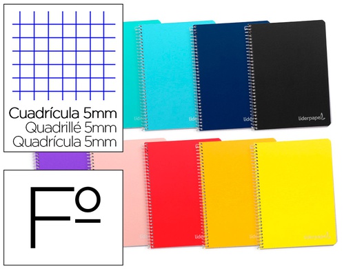 [BF64] CUADERNO ESPIRAL LIDERPAPEL FOLIO WITTY TAPA DURA 80H 75GR CUADRO 5MM CON MARGEN COLORES SURTIDOS