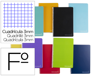 [BF31] CUADERNO ESPIRAL LIDERPAPEL FOLIO WITTY TAPA DURA 80H 75GR CUADRO 3MM CON MARGEN COLORES SURTIDOS