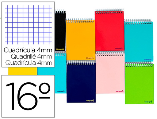 [BQ01] CUADERNO ESPIRAL LIDERPAPEL BOLSILLO DIECISEAVO APAISADO SMART TAPA BLANDA 80H 60GR CUADRO 4MM COLORES SURTIDOS
