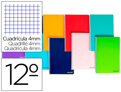 [BQ05] CUADERNO ESPIRAL LIDERPAPEL BOLSILLO DOCEAVO SMART TAPA BLANDA 80H 60GR CUADRO 4MM COLORES SURTIDOS