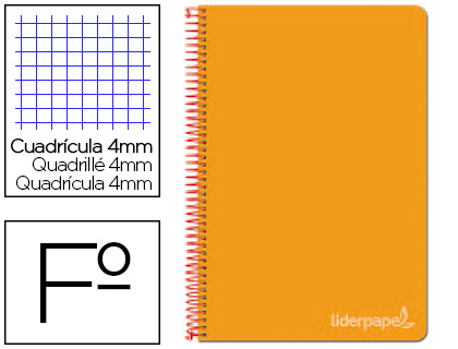 [BF36] CUADERNO ESPIRAL LIDERPAPEL FOLIO WITTY TAPA DURA 80H 75GR CUADRO 4MM CON MARGEN COLOR NARANJA