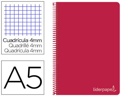 [BC24] CUADERNO ESPIRAL LIDERPAPEL CUARTO WITTY TAPA DURA 80H 75GR CUADRO 4MM CON MARGEN COLOR ROJO