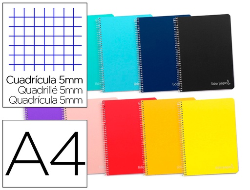 [BA03] CUADERNO ESPIRAL LIDERPAPEL A4 MICRO WITTY TAPA DURA 140H 75GR CUADRO 5MM 5 BANDAS 4 TALADROS COLORES SURTIDOS