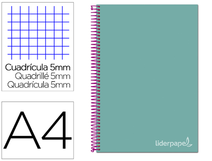 [BA97] CUADERNO ESPIRAL LIDERPAPEL A4 MICRO JOLLY TAPA FORRADA 140H 75 GR CUADRO 5MM 5 BANDAS4 TALADROS COLOR TURQUESA