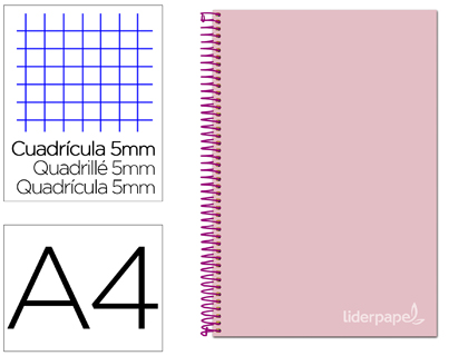 [BA94] CUADERNO ESPIRAL LIDERPAPEL A4 MICRO JOLLY TAPA FORRADA 140H 75 GR CUADRO 5MM 5 BANDAS 4 TALADROS COLOR ROSA