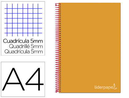 [BA29] CUADERNO ESPIRAL LIDERPAPEL A4 MICRO JOLLY TAPA FORRADA 140H 75 GR CUADRO 5MM 5 BANDAS4 TALADROS COLOR NARANJA