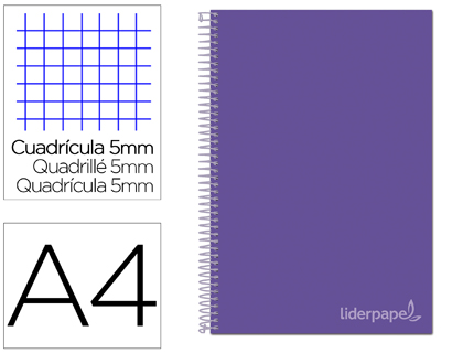 [BA51] CUADERNO ESPIRAL LIDERPAPEL A4 MICRO JOLLY TAPA FORRADA 140H 75 GR CUADRO 5MM 5 BANDAS 4 TALADROS COLOR LILA