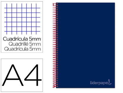 [BA28] CUADERNO ESPIRAL LIDERPAPEL A4 MICRO JOLLY TAPA FORRADA 140H 75 GR CUADRO 5MM 5 BANDAS 4 TALADROS COLOR AZUL
